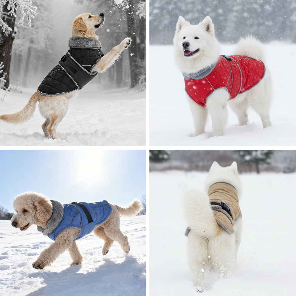 Yoochee dog coat red back view shows cozy, weather-ready styling.
