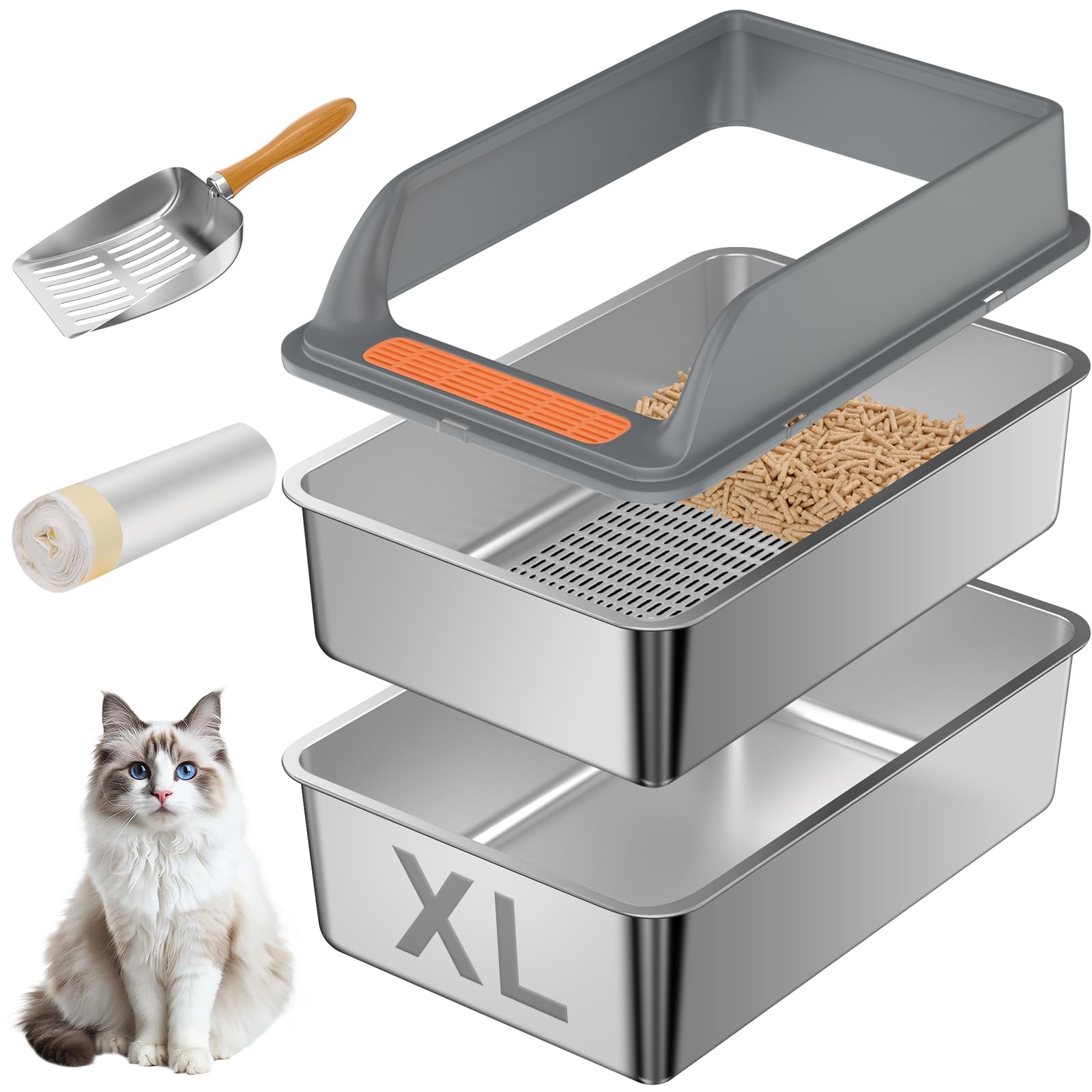 Yoochee stainless steel sifting litter box XL top view shows rust-proof odor-control design.