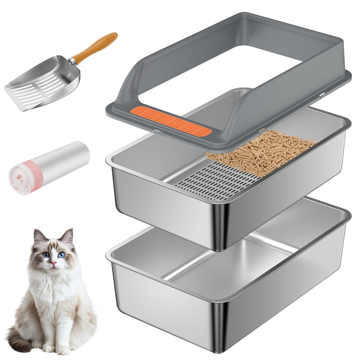 Yoochee stainless steel sifting litter box shows durable, easy-to-clean design.