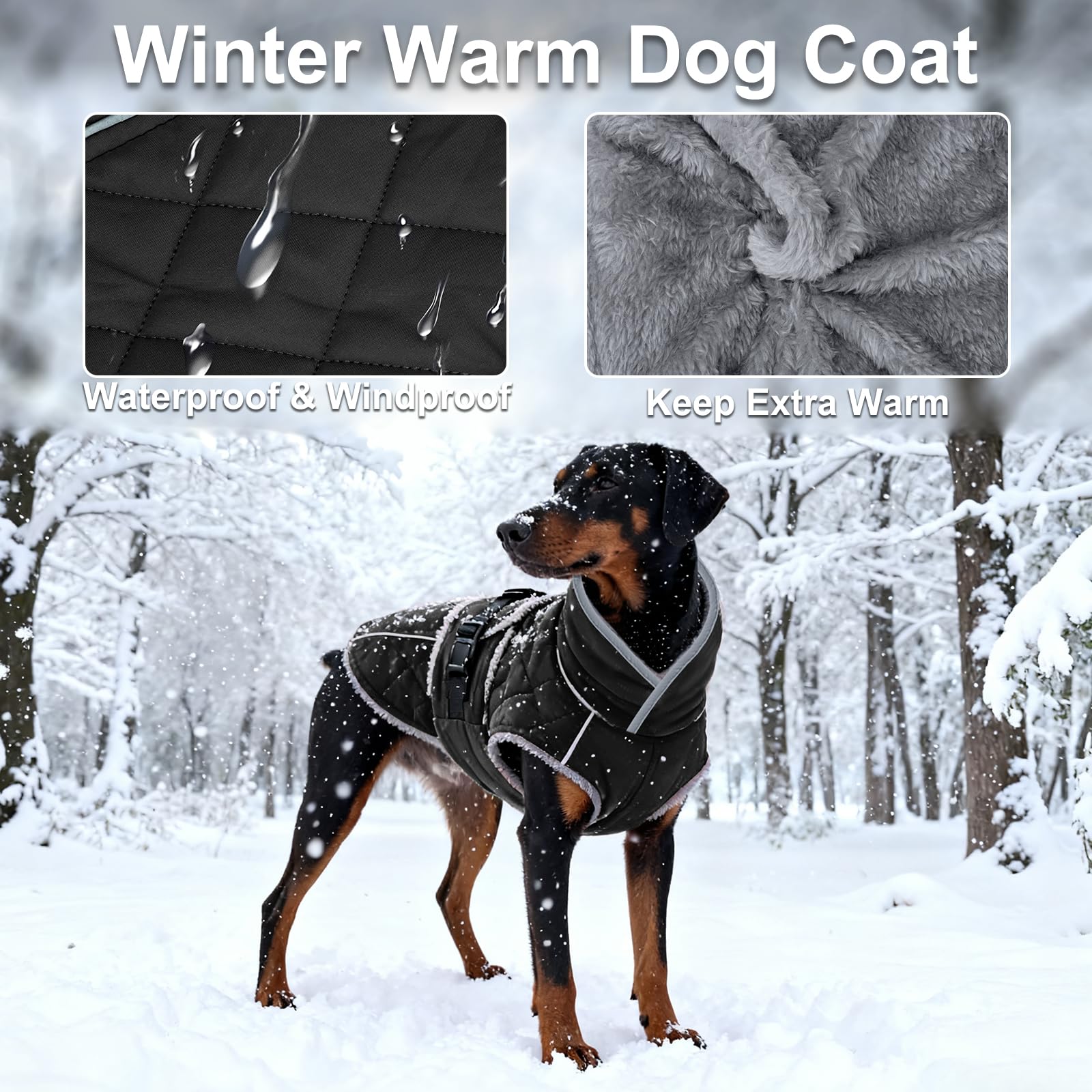 Yoochee waterproof dog jacket keeps your dog dry during snowy walks.