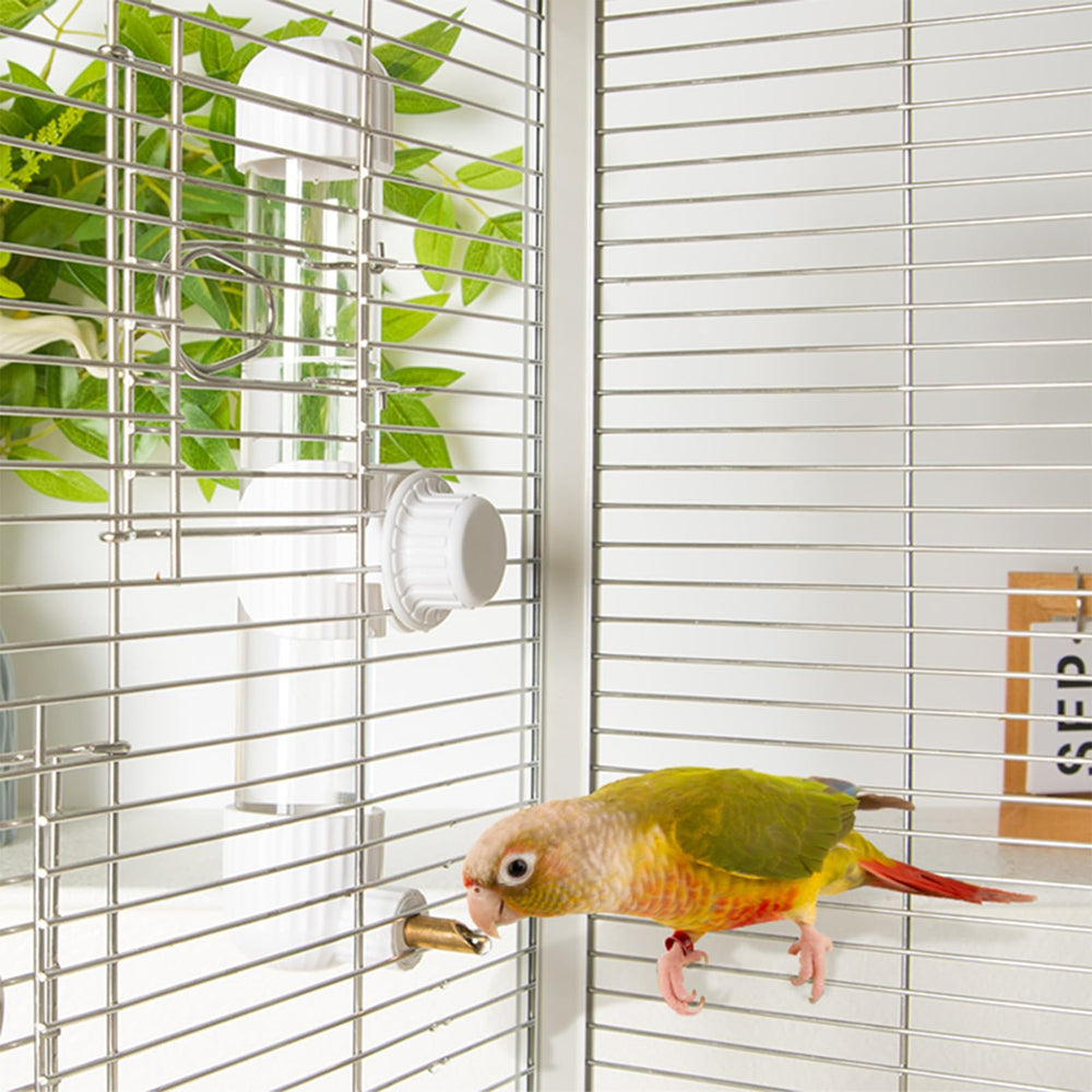 YOOSO WING clear cage-drinker closeup shows tidy cage benefits