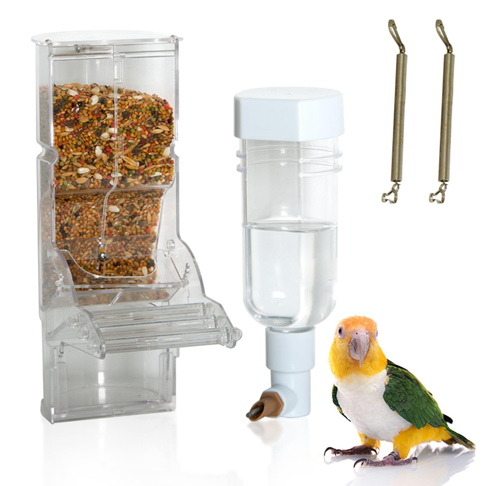 YOOSO WING No Mess Feeder inside cage demonstrates tidy feeding for small birds