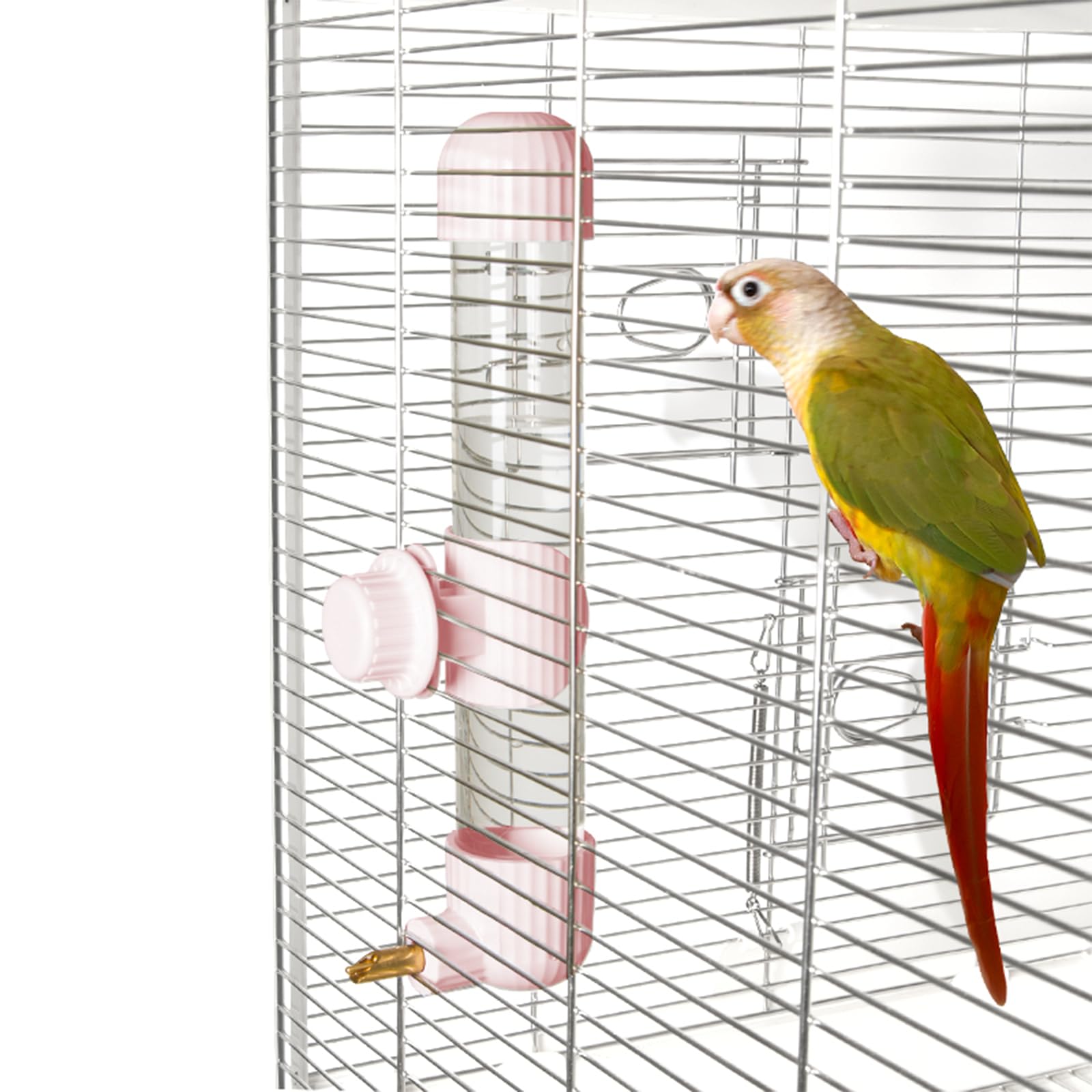 YOOSO WING No Mess Water Dispenser mounted inside cage for tidy drinking