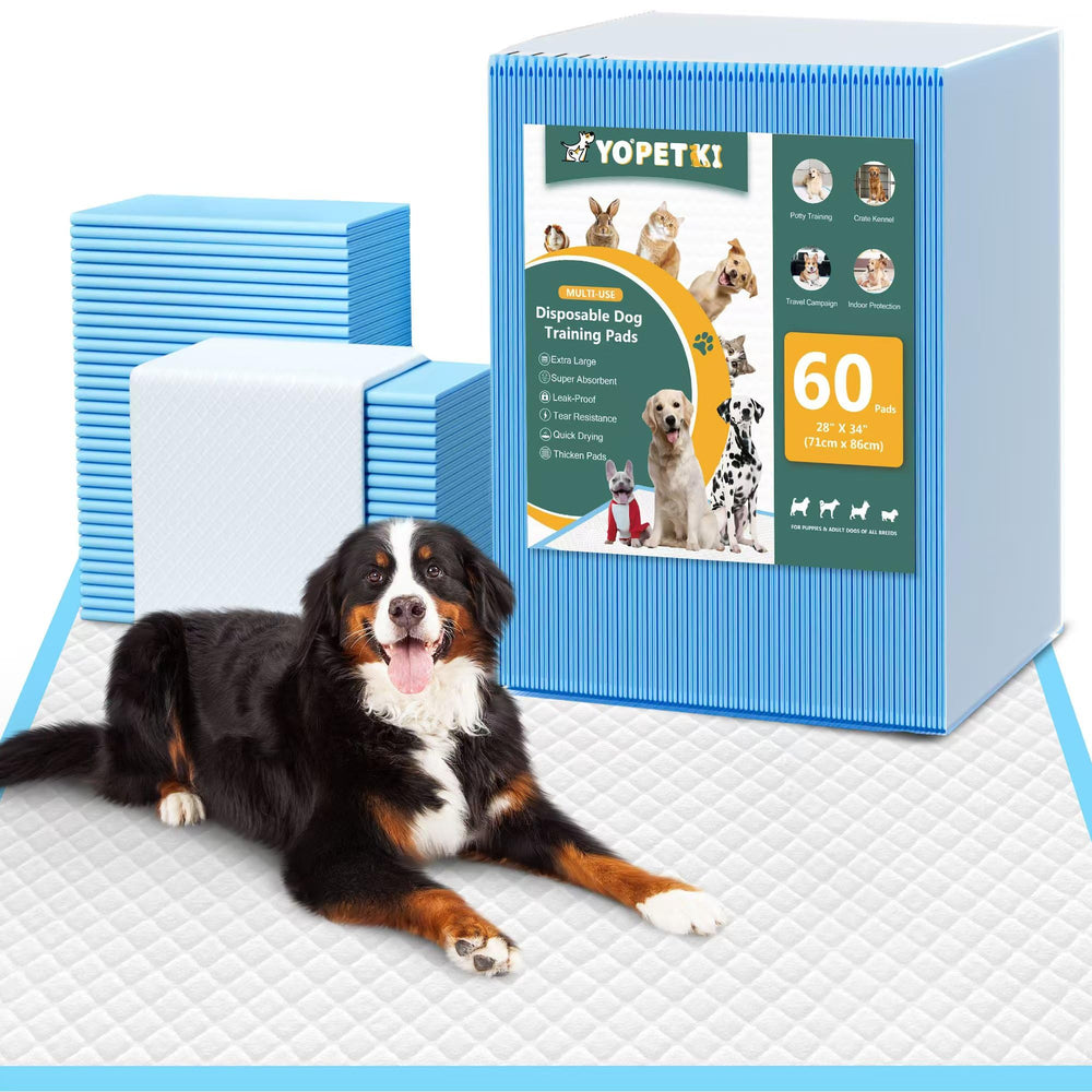 YOPETKI 60-count 28x34 pee pads protect floors during indoor training and puppies.