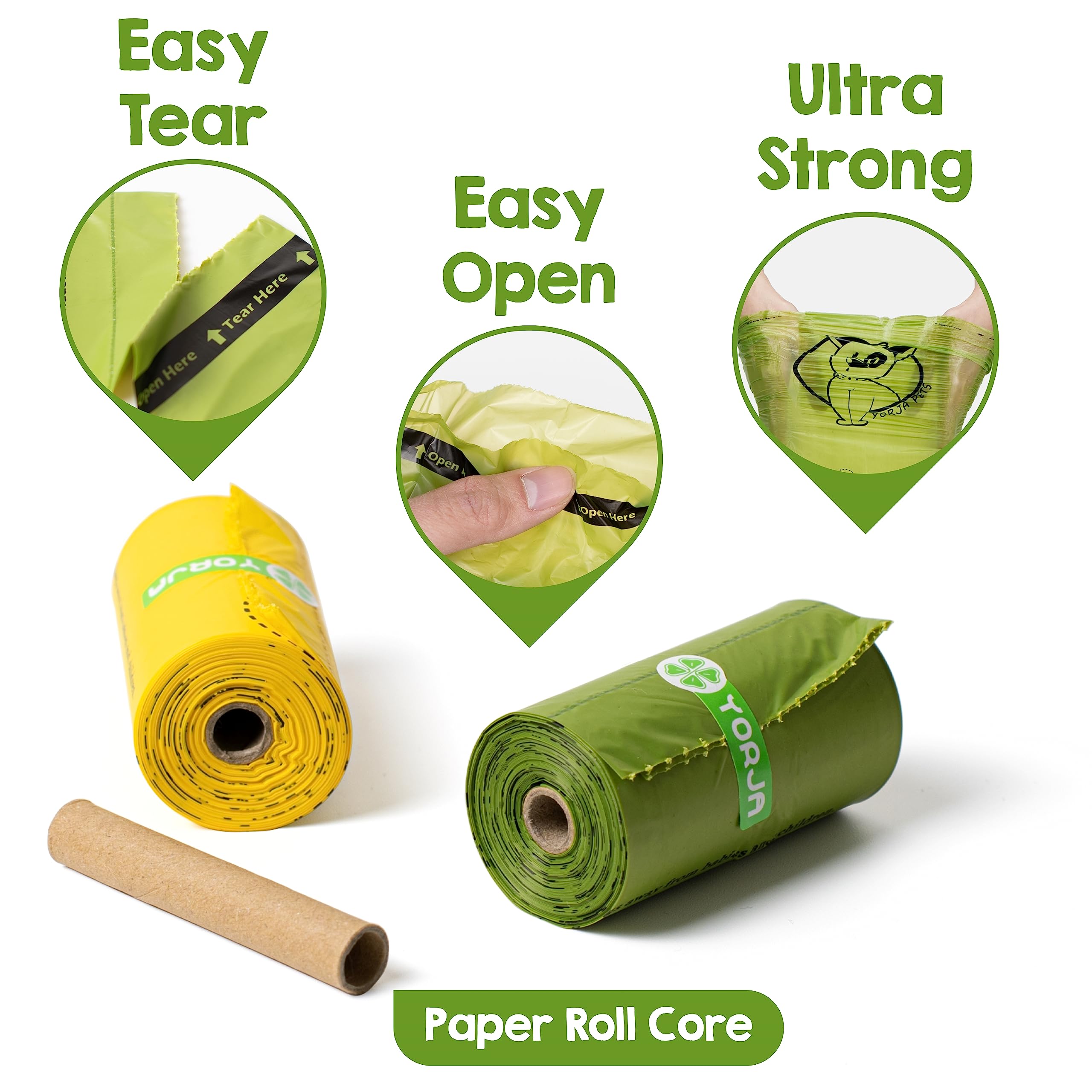 YORJA dog poop bags ready on dispenser for easy tear and quick pickup.