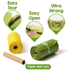 YORJA dog poop bags ready on dispenser for easy tear and quick pickup.