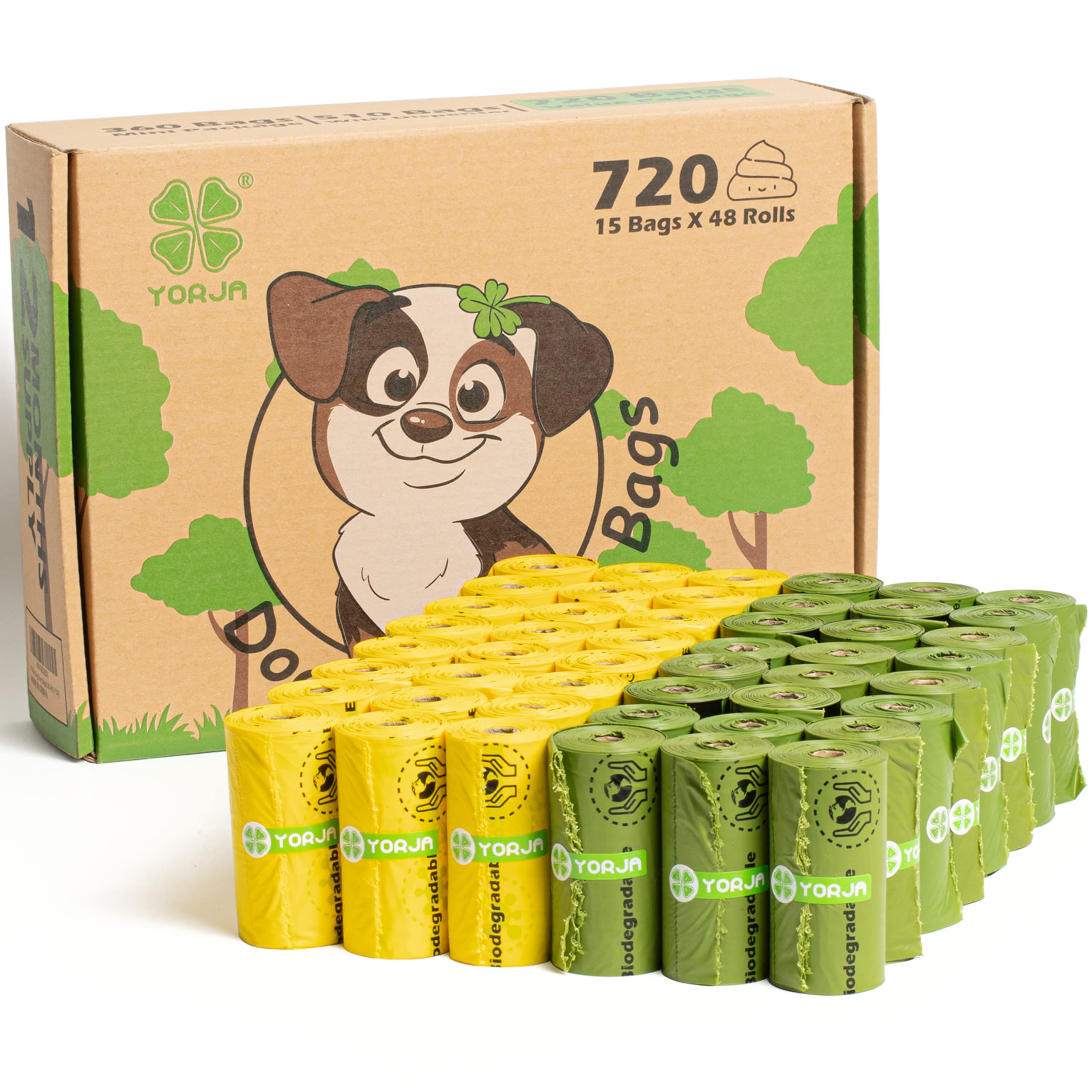 YORJA dog poop bags rolls packaging showcasing eco-friendly design and roll format
