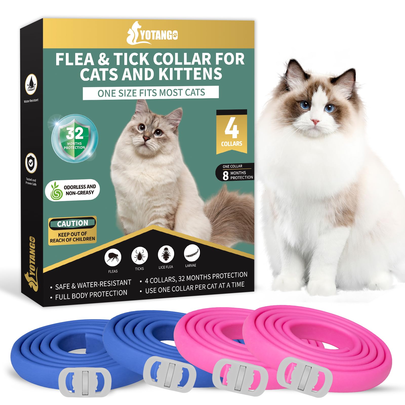 YOTANGO 4-pack flea collars in blue and pink for easy multi-cat protection.