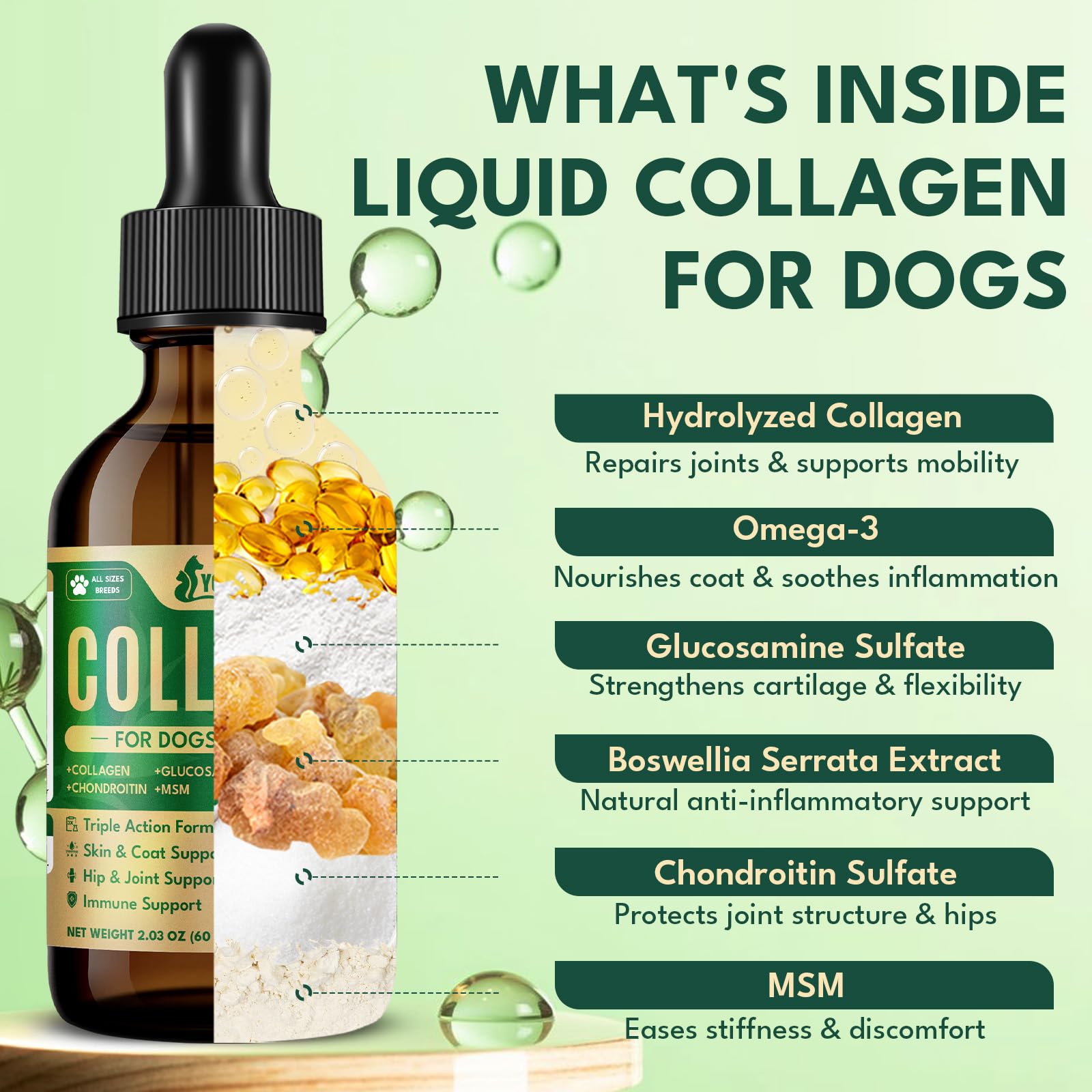 YOTANGO canine joint-support collagen dropper promotes mobility for aging dogs.