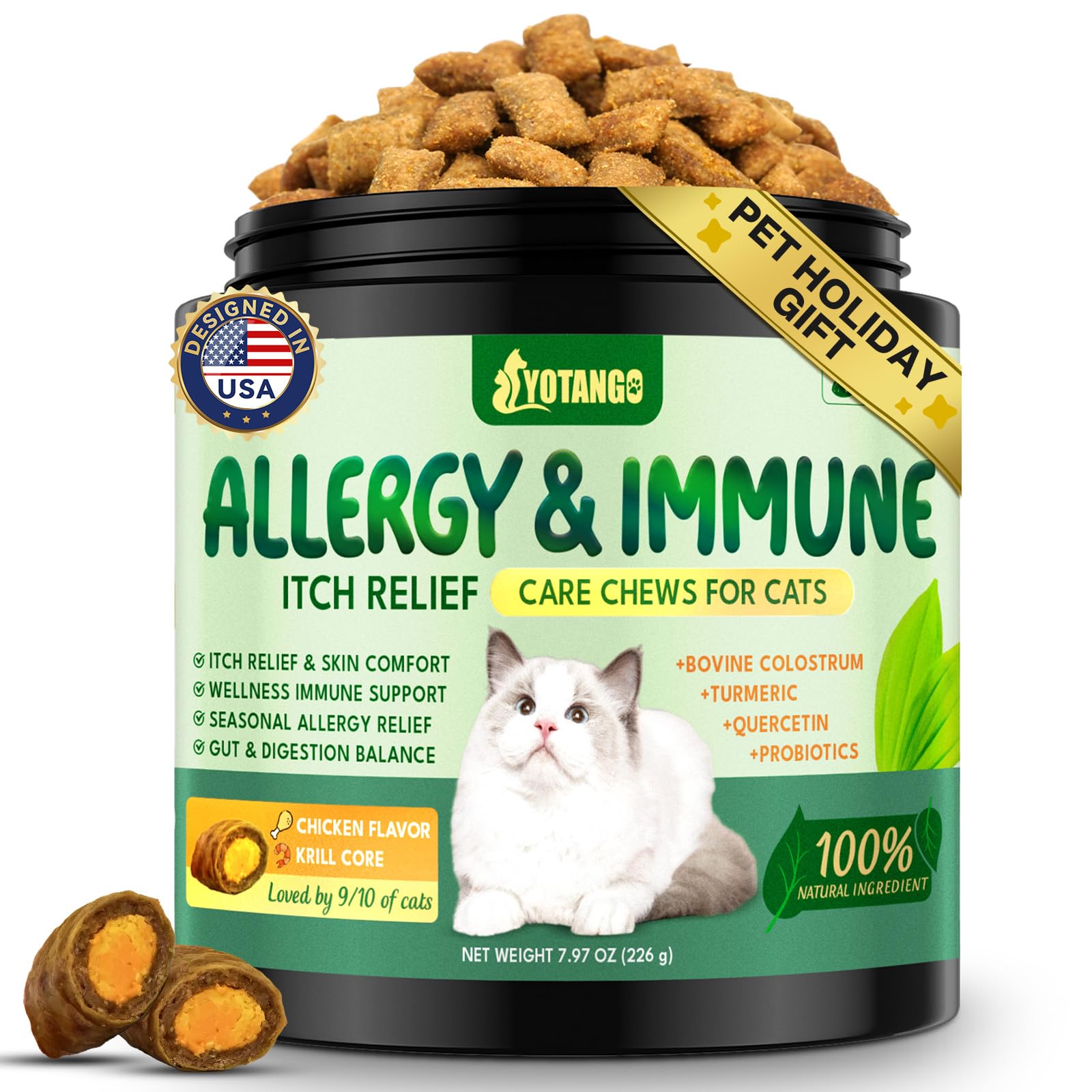 YOTANGO cat allergy relief bottle with crunchy chicken chews for daily comfort.