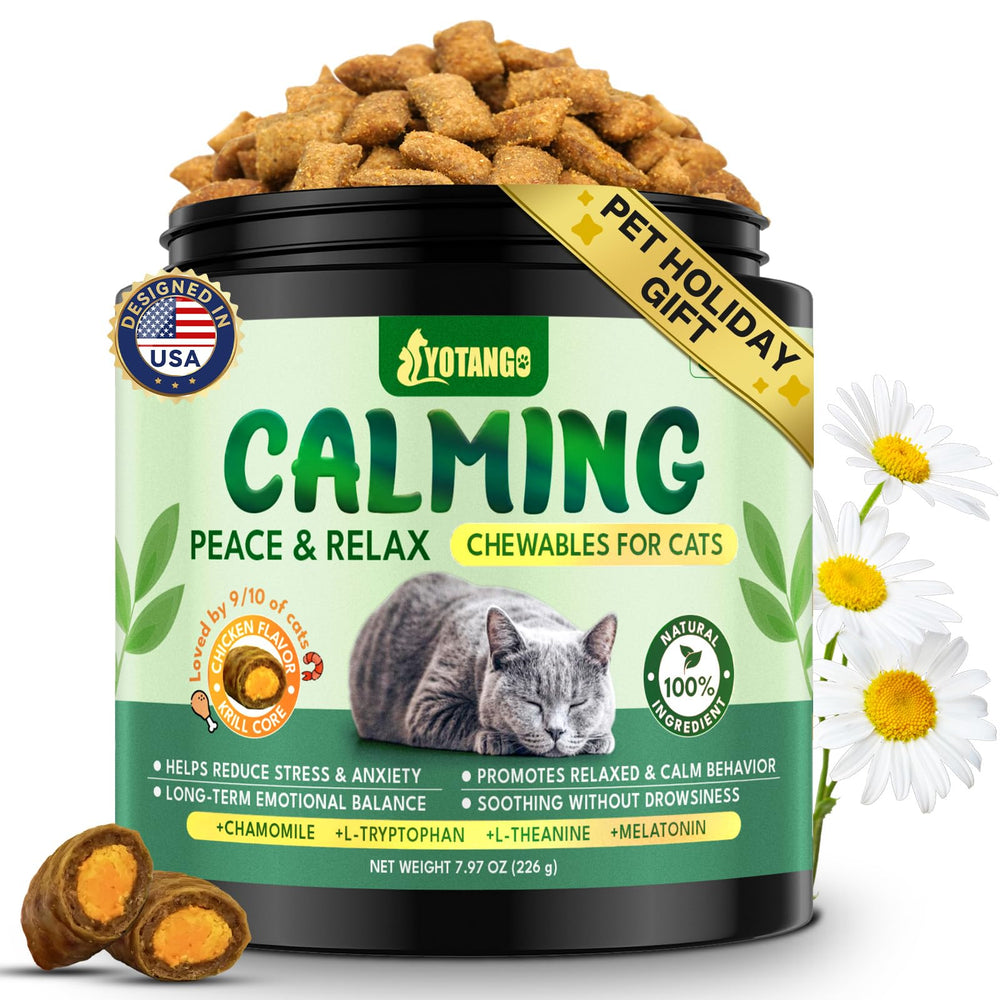 YOTANGO Cat Calming Treats bag front promotes stress relief for anxious cats.