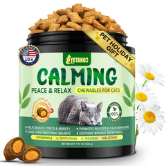 YOTANGO Cat Calming Treats bag front promotes stress relief for anxious cats.