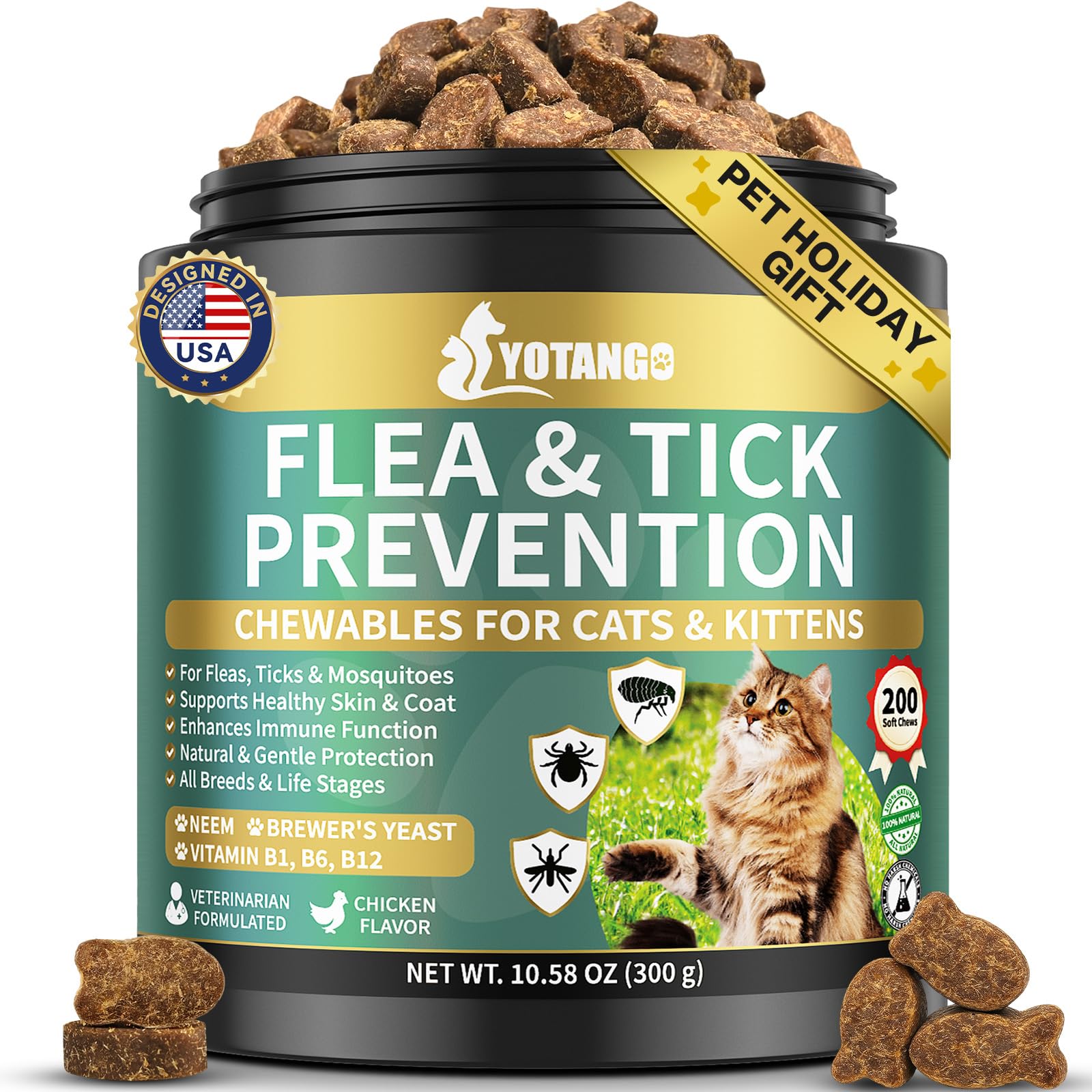 YOTANGO cat flea tick chews bottle shows daily protection for all ages.