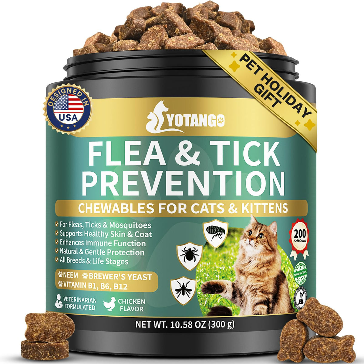 YOTANGO cat flea tick chews bottle shows daily protection for all ages.