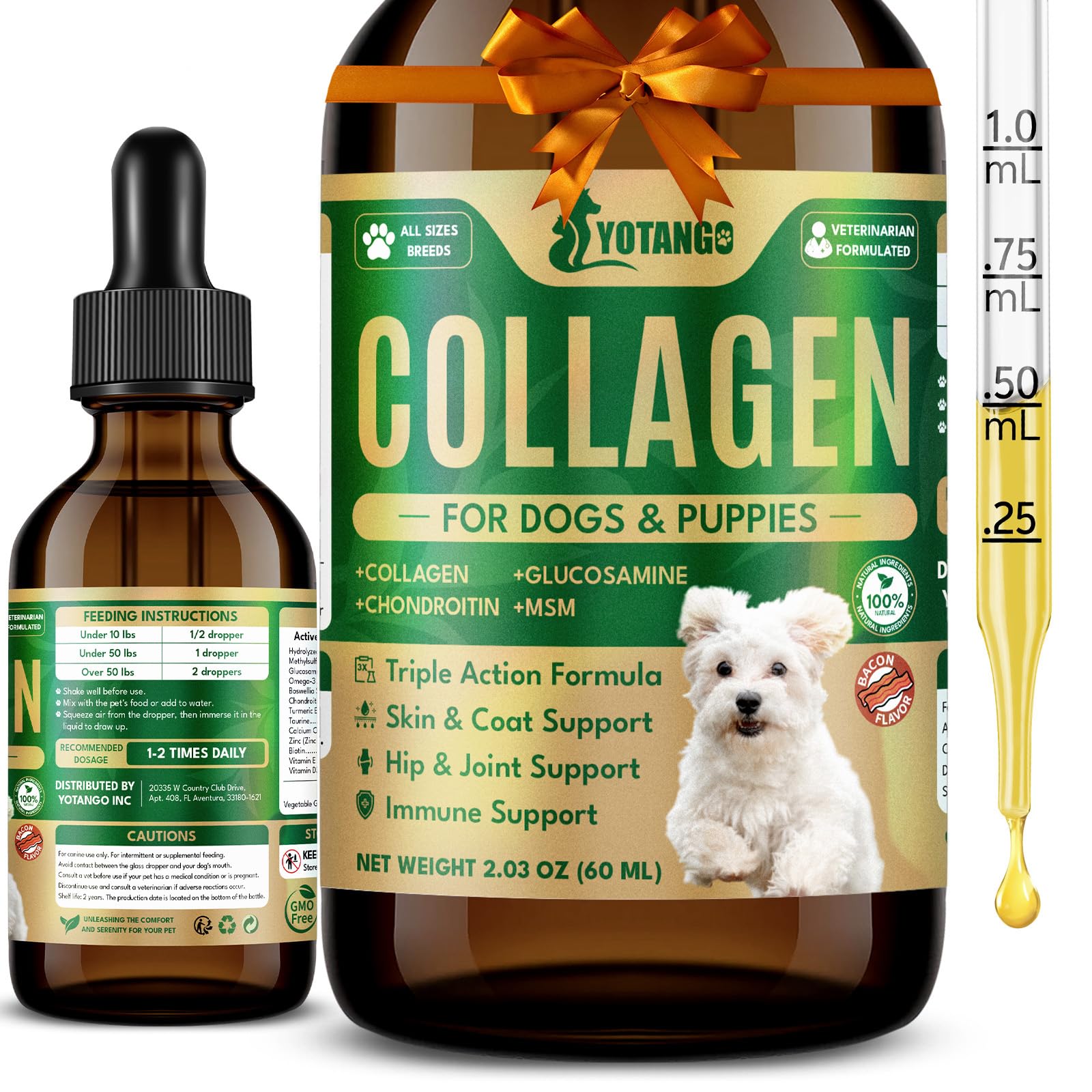 YOTANGO dog collagen bottle with dropper for easy daily dosing and joint support