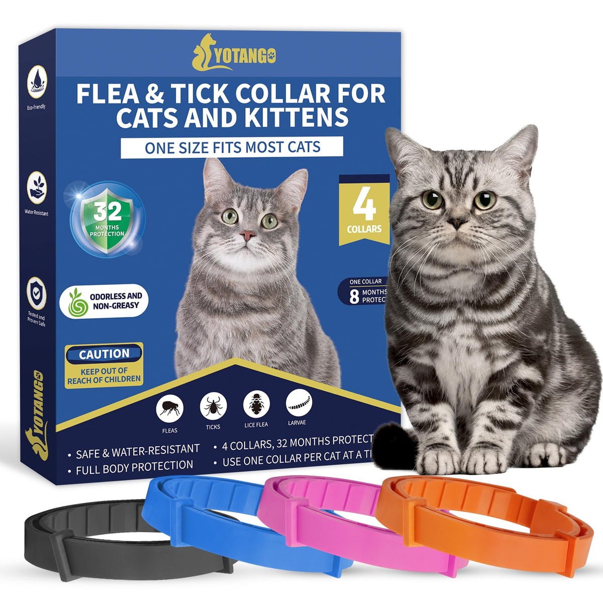 YOTANGO flea collar cat pack-shot highlighting four collars for long-lasting flea and tick prevention.