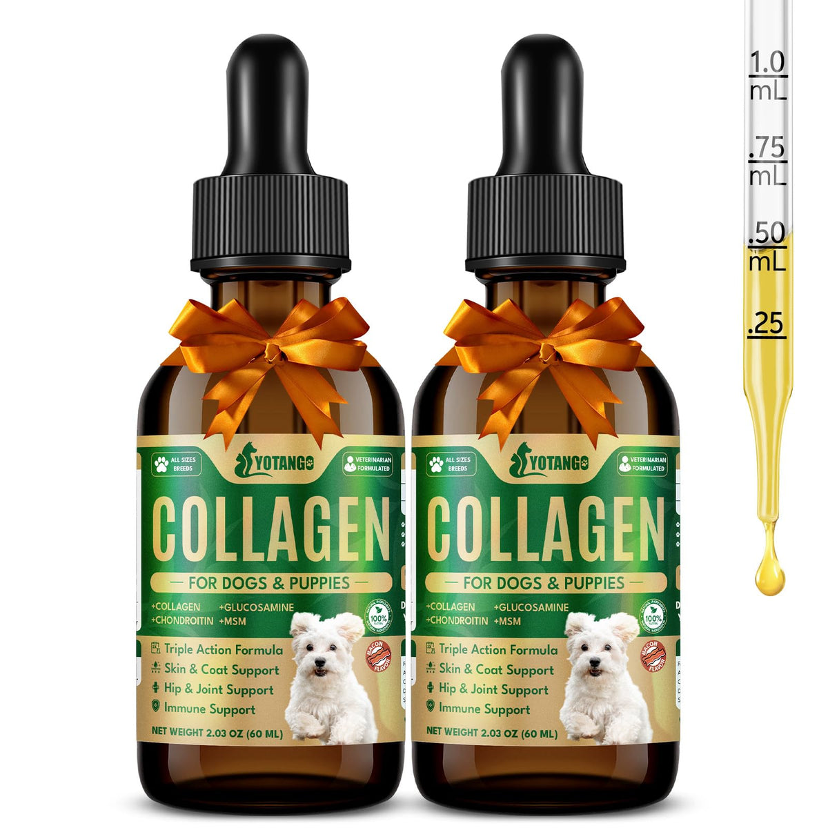 YOTANGO liquid collagen for dogs in bacon bottle supports joint comfort and daily activity.