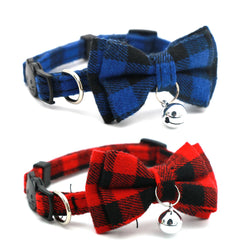 YOUALSO 2-pack plaid cat collar bell bow red-blue on cat for easy locating and style.