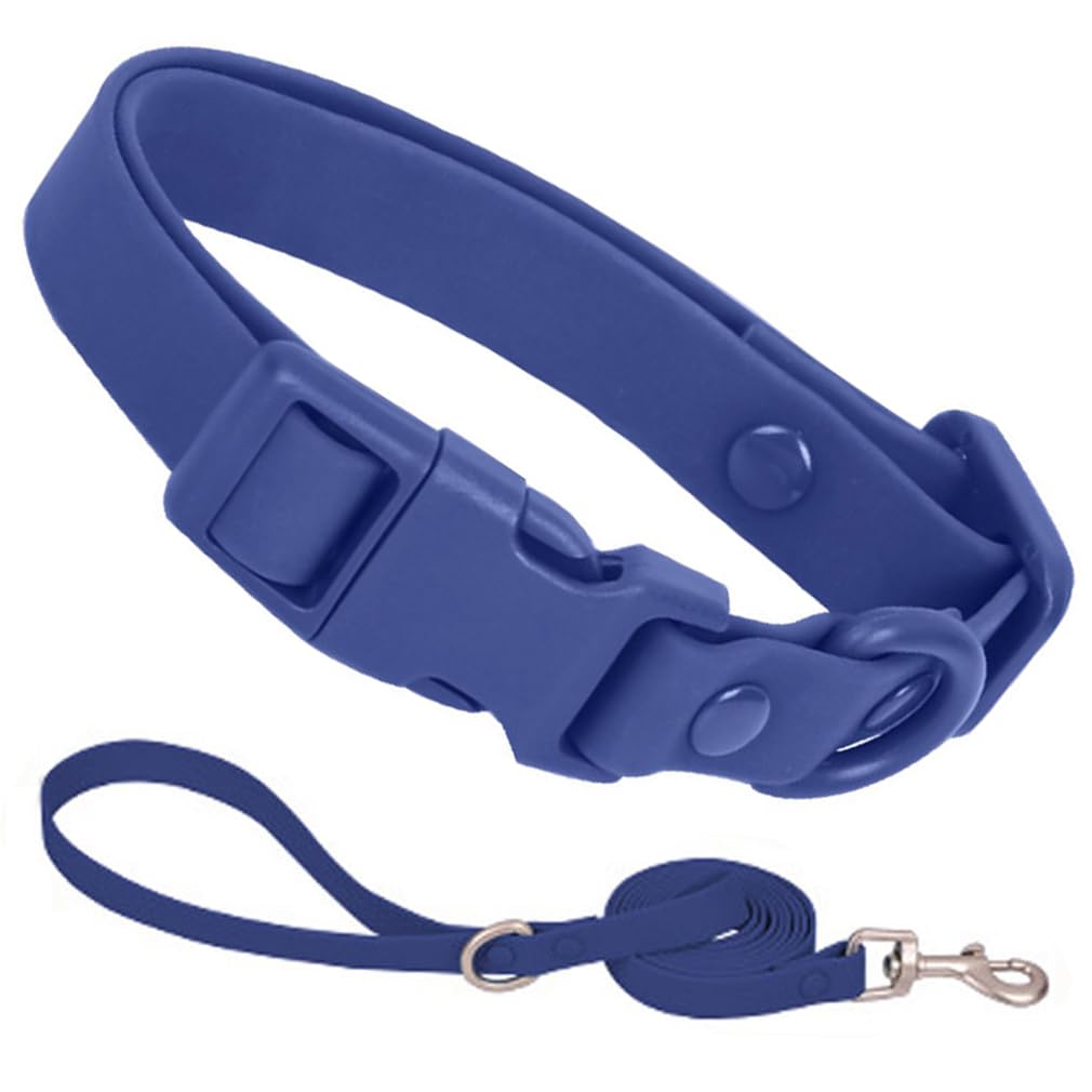 YOUALSO dark blue dog collar and leash set shown outdoors with waterproof durability.