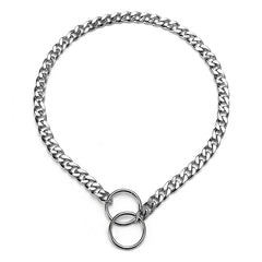 YOUALSO flat chain dog collar close-up in silver highlights durable metal links for reliable training cues.