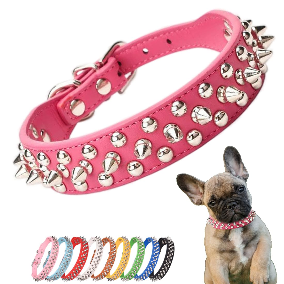 YOUALSO hot pink spiked collar closeup reveals soft faux leather and comfortable wear.