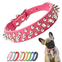 YOUALSO hot pink spiked collar closeup reveals soft faux leather and comfortable wear.