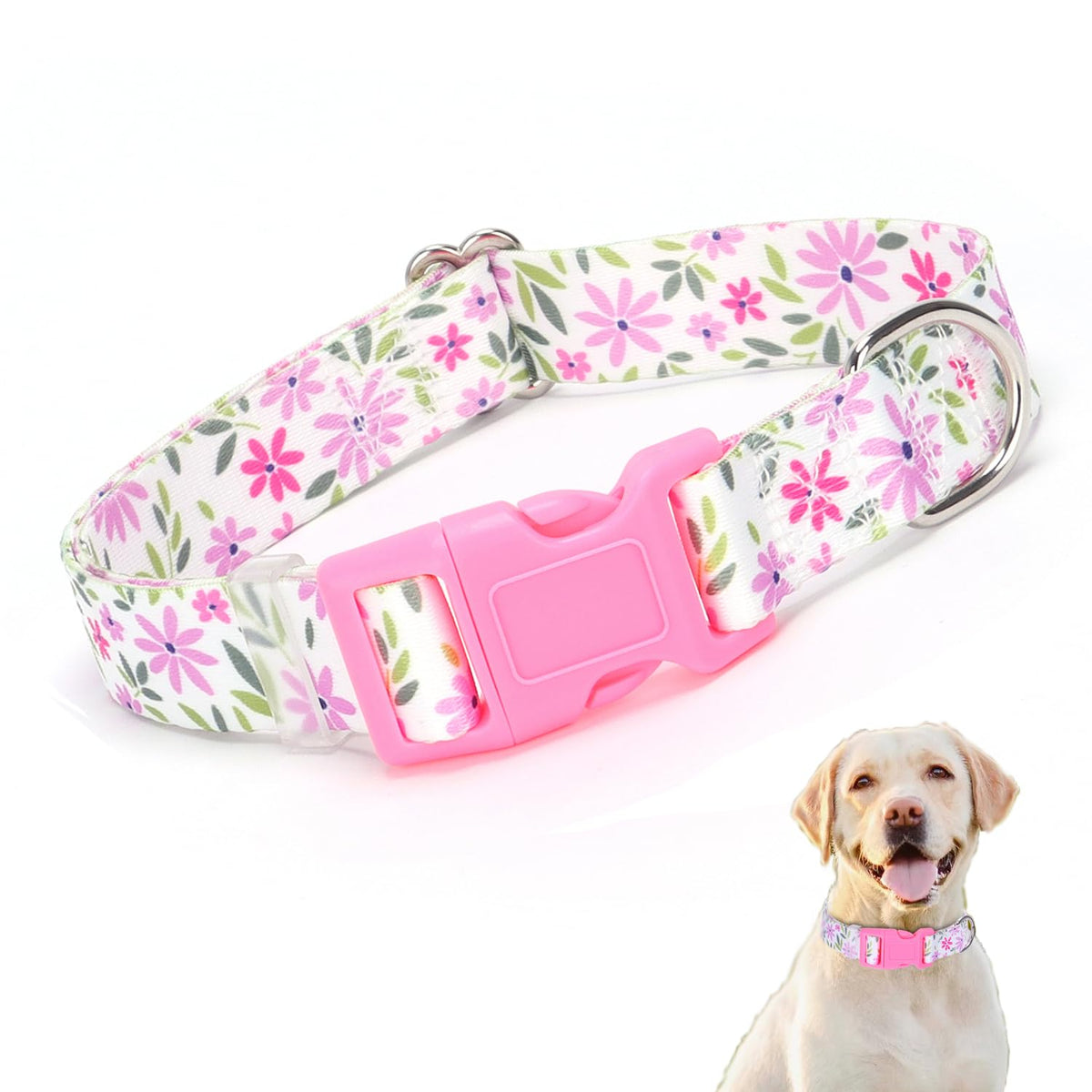YOUALSO large dog collar pink floral close-up with quick-release buckle for daily walks