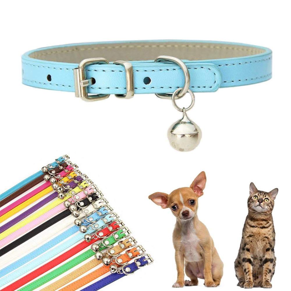 YOUALSO light blue XXS dog collar with bell close-up shows soft synthetic leather.