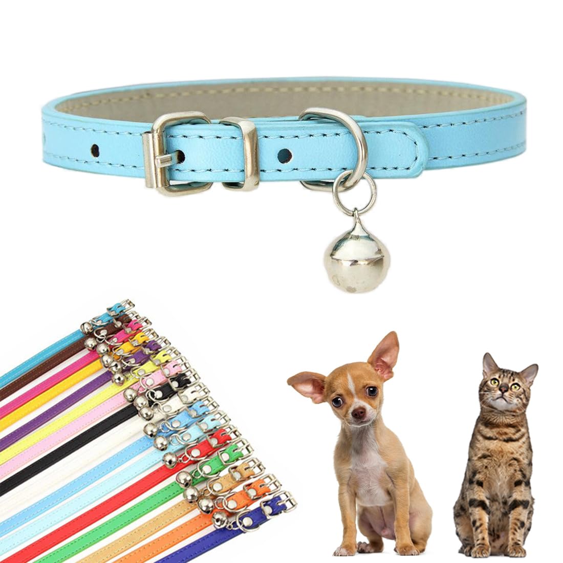 YOUALSO light blue XXS dog collar with bell close-up shows soft synthetic leather.