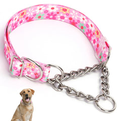 YOUALSO pink floral stainless steel martingale collar front view highlights adjustable fit for safe training.
