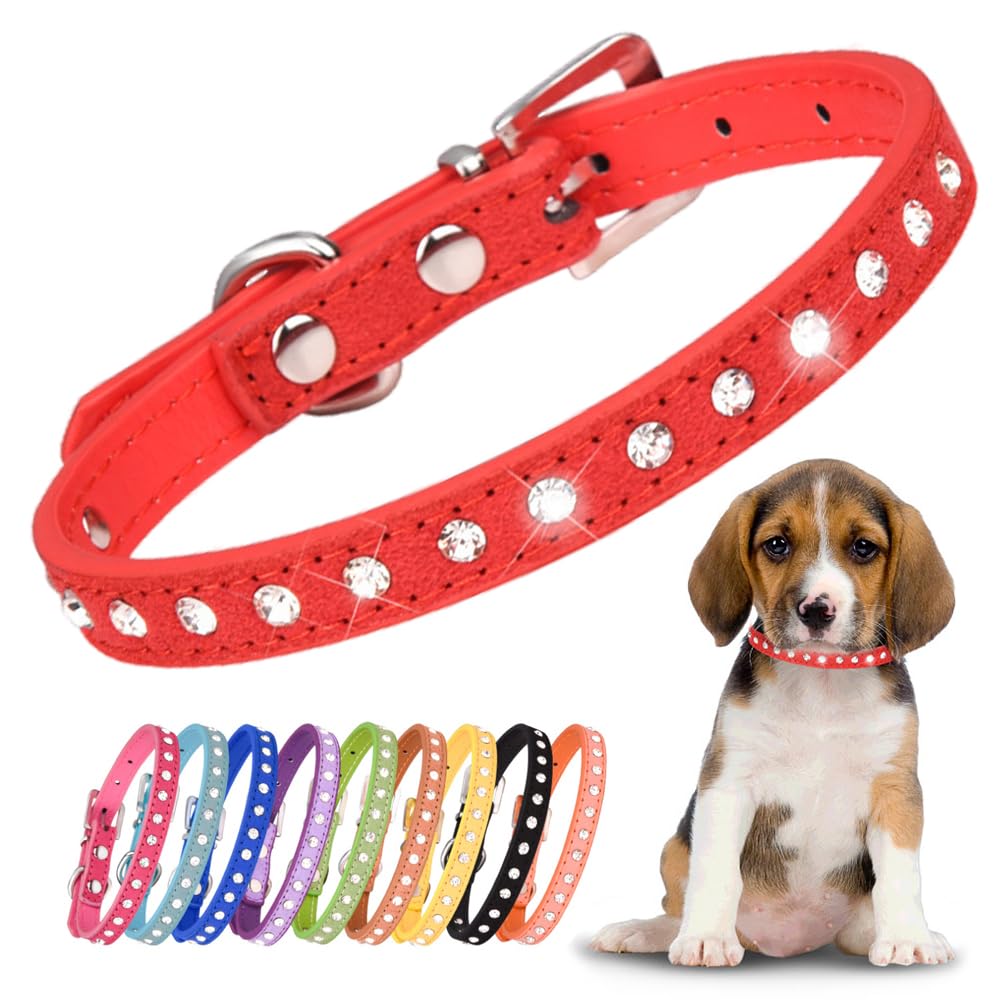 YOUALSO red rhinestone dog collar closeup highlights sparkling crystals on small dogs.