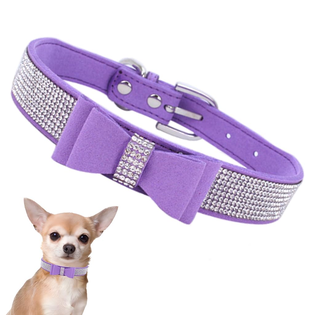 YOUALSO Rhinestone dog collar with bow light purple xs sparkles for festive events and photos.