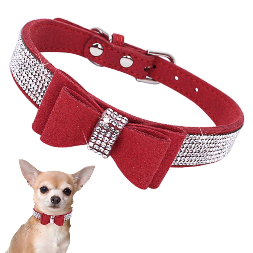 YOUALSO rhinestone dog collar with bow tie for XXS size, adjustable fit.