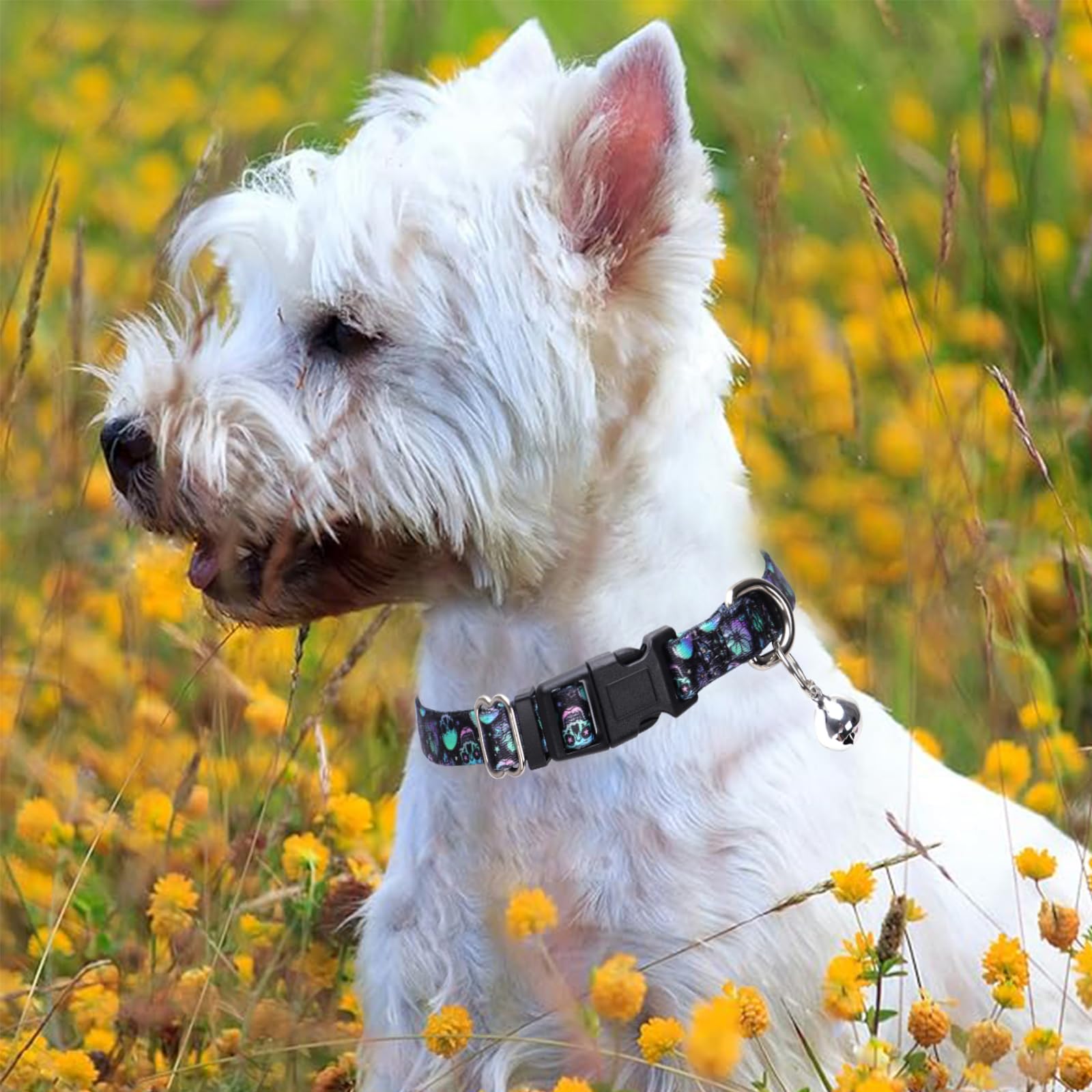 YOUALSO Skull Dog Collar with Bell detachable bell detail for flexible styling.