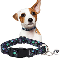 YOUALSO Skull Dog Collar with Bell XS neck view, soft webbing for comfortable wear.