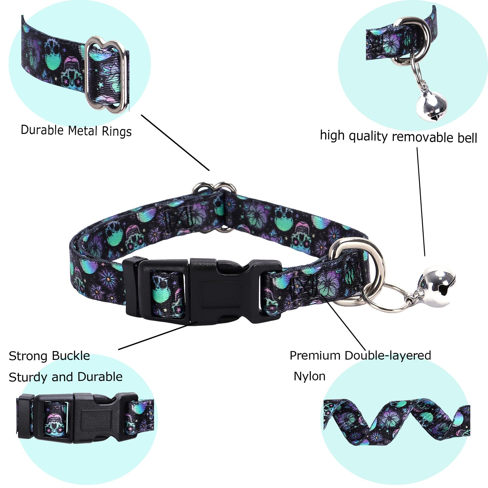 YOUALSO Skull Dog Collar with Bell on-pet view shows compact design for small pets.