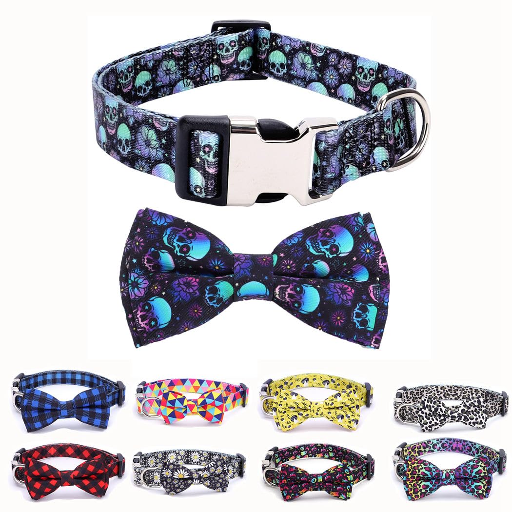 YOUALSO skull dog collar with bow tie on small dog, stylish Halloween look
