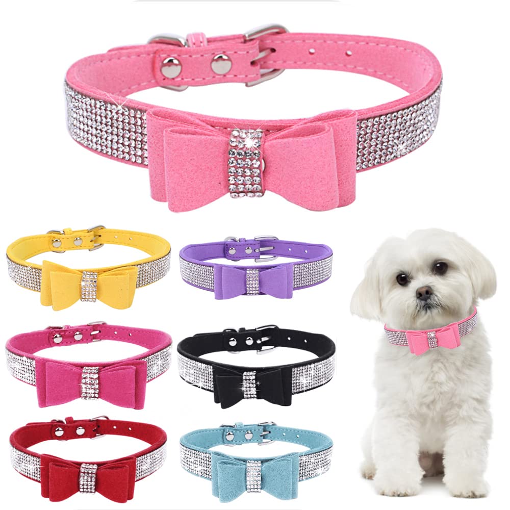 YOUALSO pink rhinestone dog collar with bow tie for daily sparkle