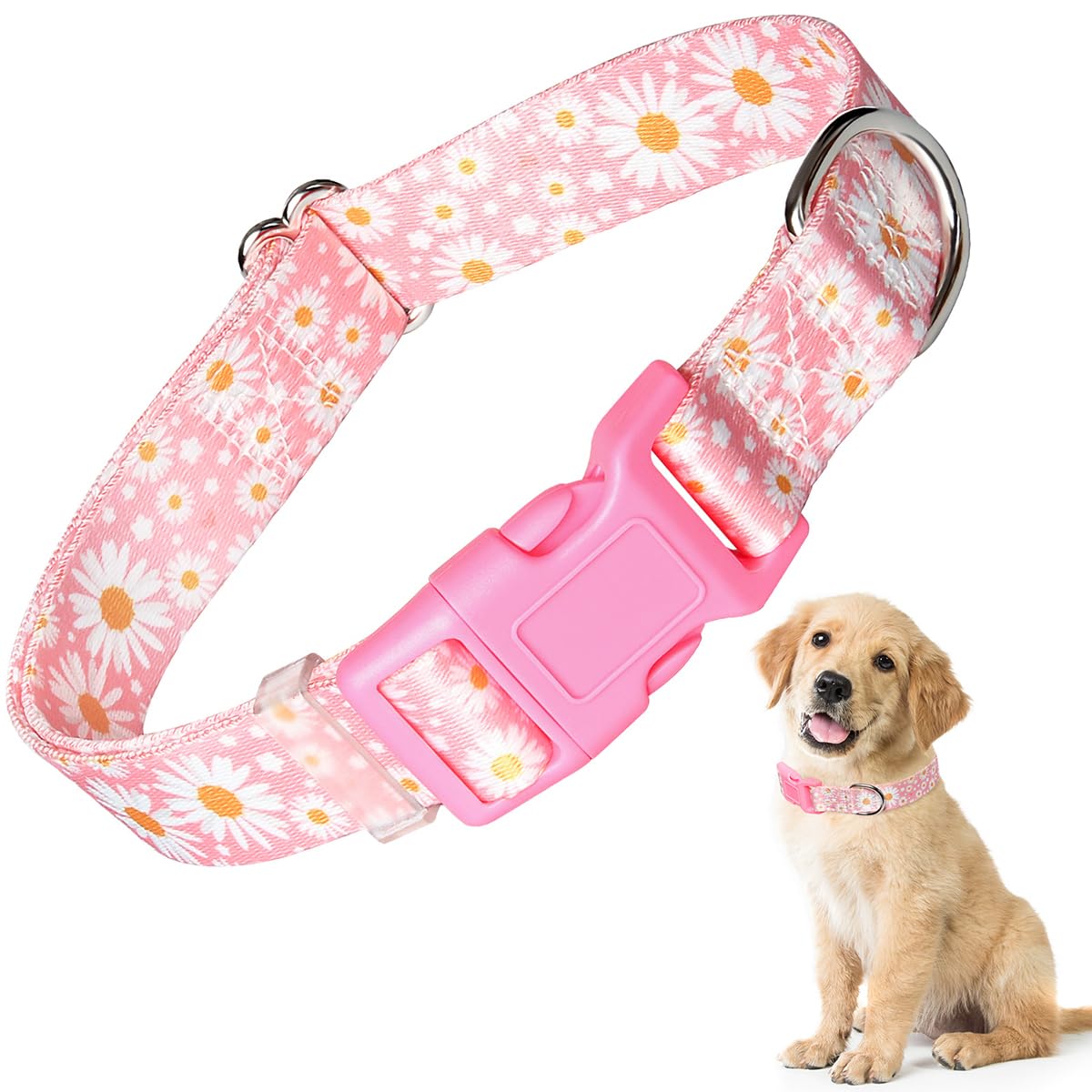 YOUALSO XS dog collar Daisy pattern close-up with secure buckle detail for durability.