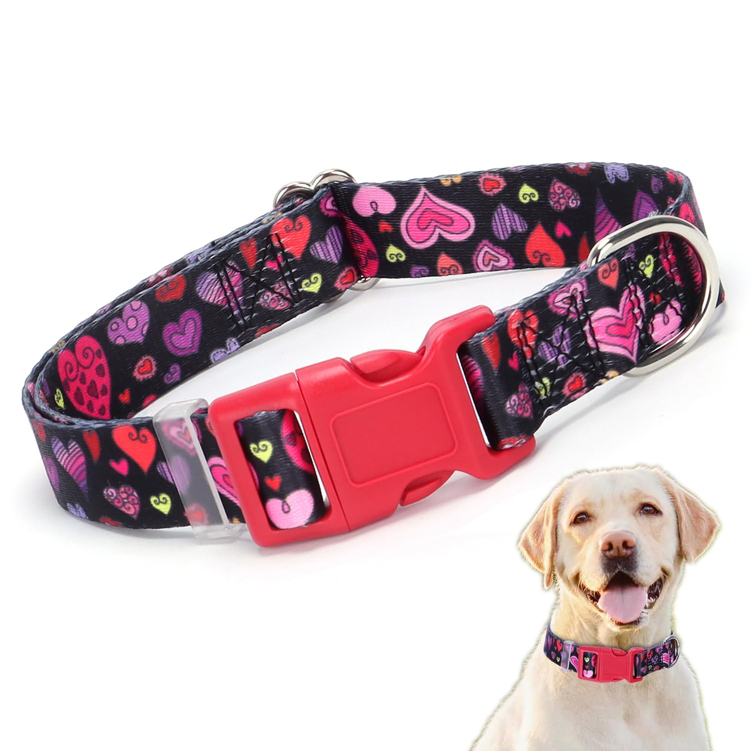 YOUALSO XS dog collar heart pattern closeup showing durable nylon and vibrant color