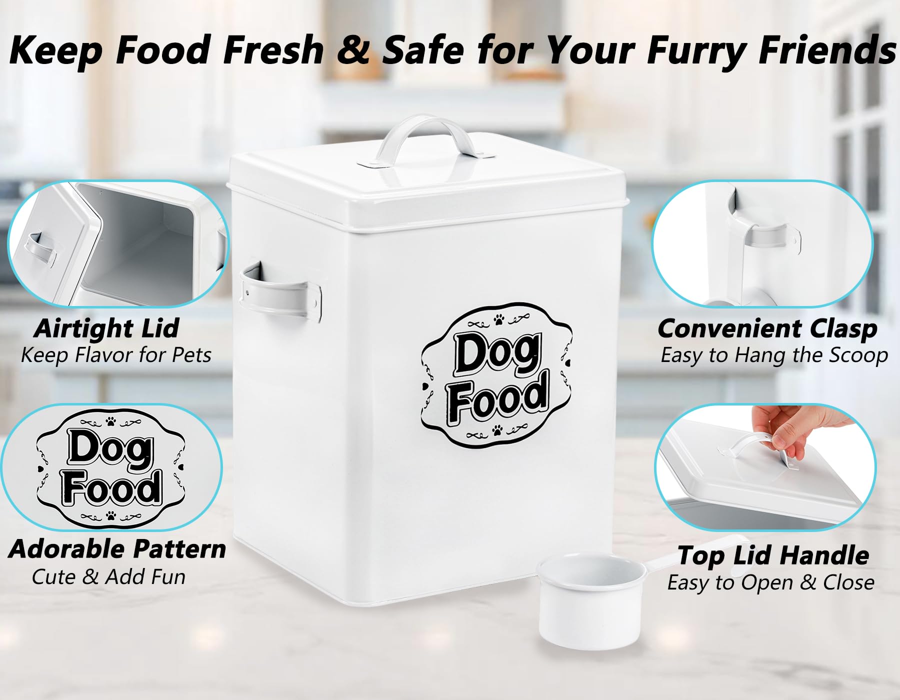 Youeon airtight lid on dog food canister helps keep treats dry and savory.