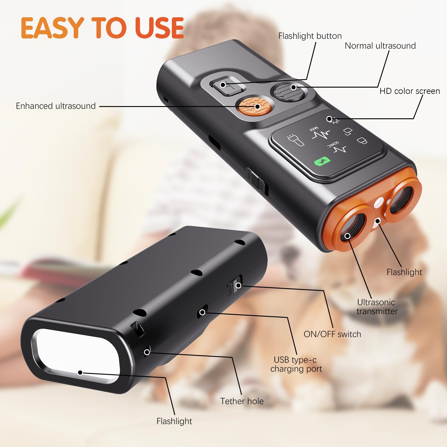 YOUSHEME BarkGuard ultrasonic range image illustrating up to 50 feet.
