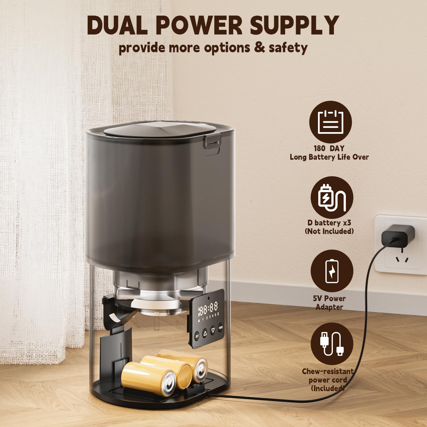 YOWMOFT feeder powered by battery option for outages and flexibility.