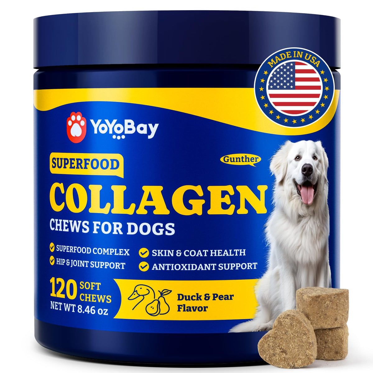 YoYoBay Collagen for Dogs soft chews closeup highlights chewy texture for easier daily coat care