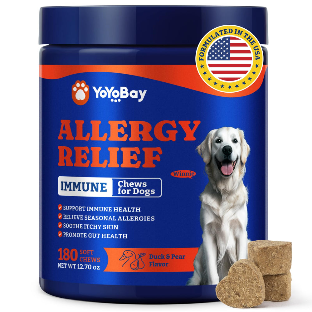YoYoBay dog allergy relief chews bottle closeup highlights immune support and daily use.