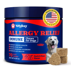YoYoBay dog allergy relief chews bottle shows immune support for seasonal comfort.