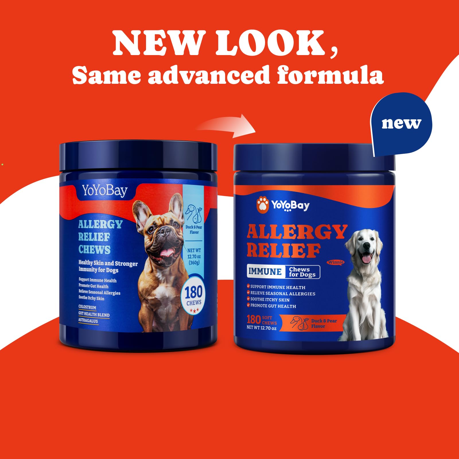 YoYoBay dog allergy relief chews duck-pear sample suggests palatable flavor for daily dosing.