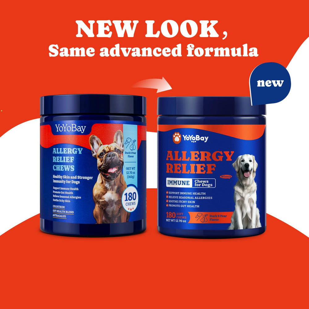 YoYoBay dog allergy relief chews duck-pear sample suggests palatable flavor for daily dosing.