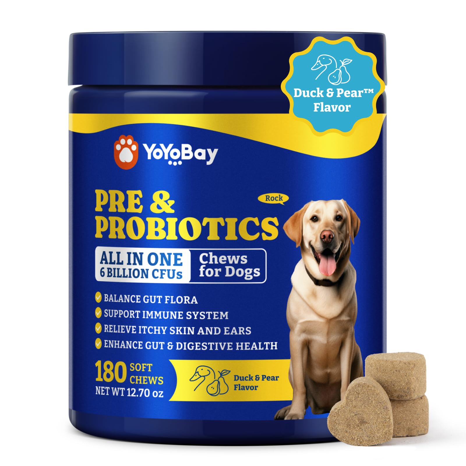 YoYoBay dog probiotics bottle showcases 6 Billion CFUs for gut health and immune balance.