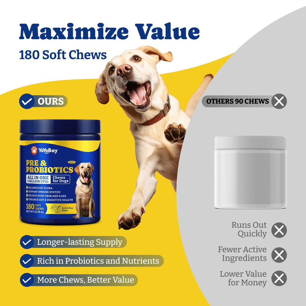 YoYoBay duck-pear flavor imagery emphasizes palatable probiotic for dogs.